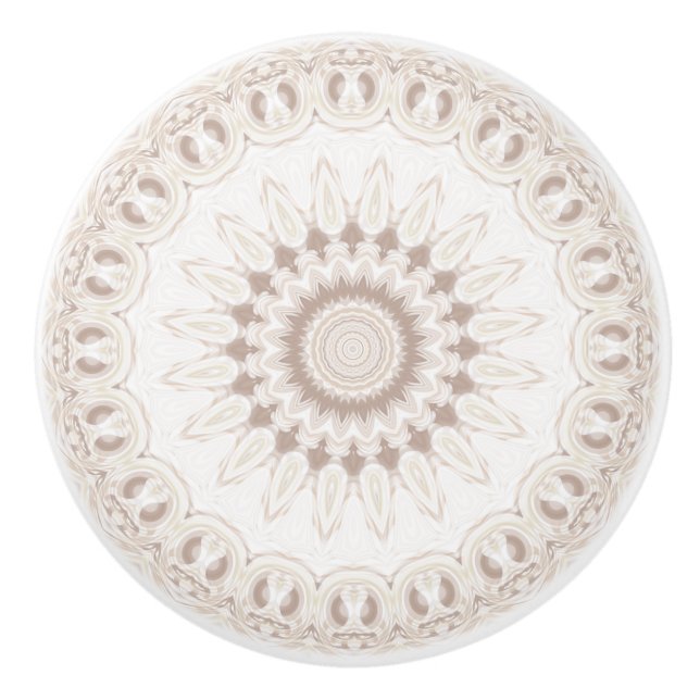 Bouton De Porte En Céramique Médaillon Mandala en beige doux et blanc (Devant)