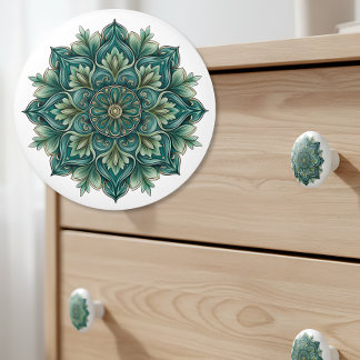 Bouton De Porte En Céramique Médaillon Vert Art Nouveau