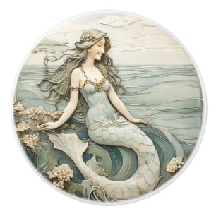 Bouton De Porte En Céramique Mermaid Art Nouveau Faux Relief Mint R Ocean Sea