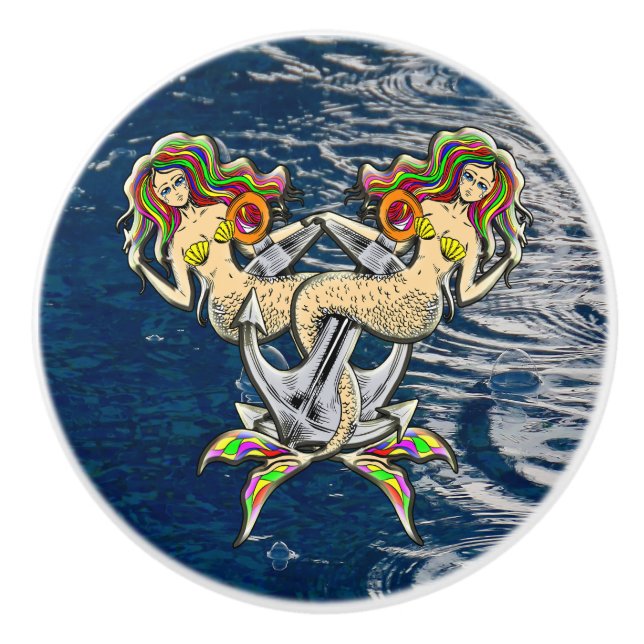 Bouton De Porte En Céramique Mermaids - Design nautique pour les amoureux des o (Devant)