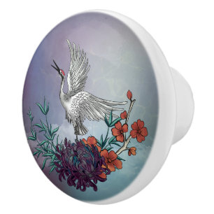 Bouton De Porte En Céramique Merveilleuse grue avec fleurs