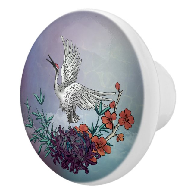 Bouton De Porte En Céramique Merveilleuse grue avec fleurs (Droite)