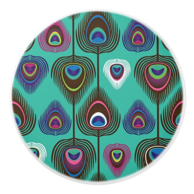 Bouton De Porte En Céramique mignon motif en plumes de paon (Devant)