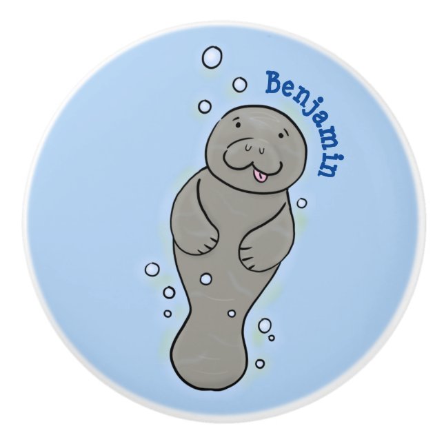 Bouton De Porte En Céramique Mignonne manatée bébé avec bulles illustration (Devant)