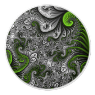 Bouton De Porte En Céramique Monde Fantastique Art Fractal Abstrait Vert Et Gri