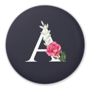 Bouton De Porte En Céramique Monogram A à White Pink Rose and Leaves
