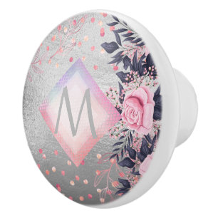 Bouton De Porte En Céramique Monogram Silver Navy Rosegold Girly Newlyweds Cade
