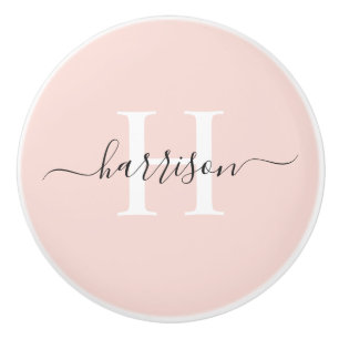 Bouton De Porte En Céramique Monogramme blanc uni rose pâle clair personnalisé