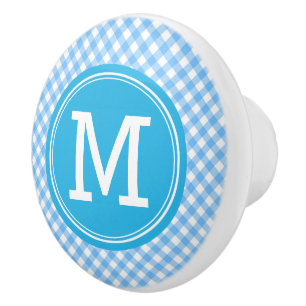 Bouton De Porte En Céramique Monogramme Country Chic Baby En vichy bleu