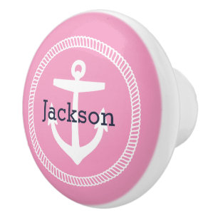 Bouton De Porte En Céramique Monogramme d'Ancre marine rose