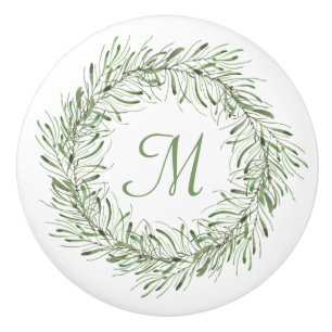 Bouton De Porte En Céramique Monogramme de couronne de feuille végétale verte