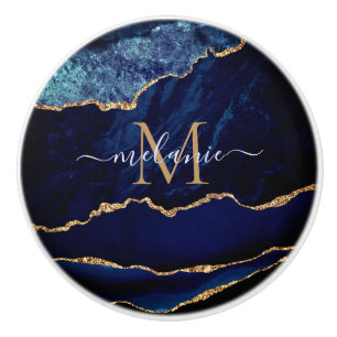 Bouton De Porte En Céramique Monogramme de marbre en pierre de taille bleu mari