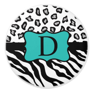 Bouton De Porte En Céramique Monogramme de peau de léopard noir blanc turquois