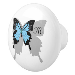 Bouton De Porte En Céramique Monogramme d'ombre à papillon bleu