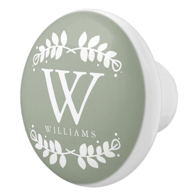 Bouton De Porte En Céramique Monogramme élégant de vert sauge (Droite)