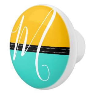 Bouton De Porte En Céramique Monogramme Elegant Turquoise & Ambre Couleur Solid