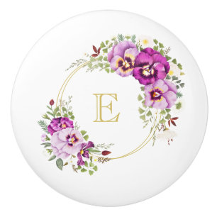 Bouton De Porte En Céramique Monogramme Élégant Vintage Floral Purple Pansies
