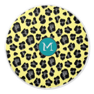 Bouton De Porte En Céramique Monogramme Empreinte de léopard gris jaune
