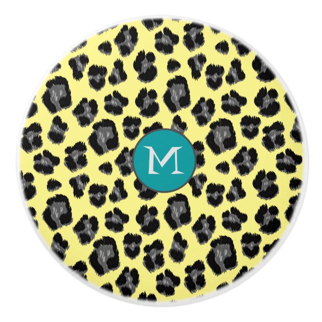 Bouton De Porte En Céramique Monogramme Empreinte de léopard gris jaune (Devant)