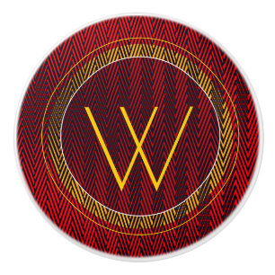 Bouton De Porte En Céramique Monogramme géométrique Abstrait en bandes rouge et