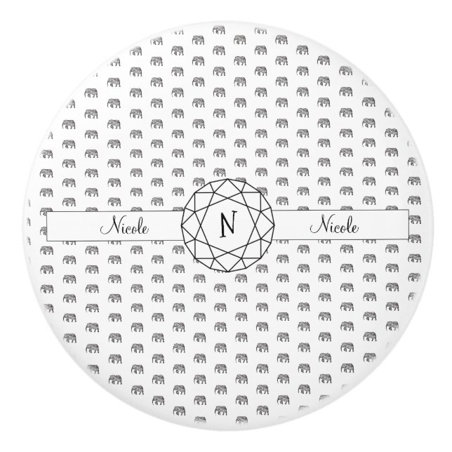 Bouton De Porte En Céramique Monogramme géométrique éléphant noir et blanc (Devant)
