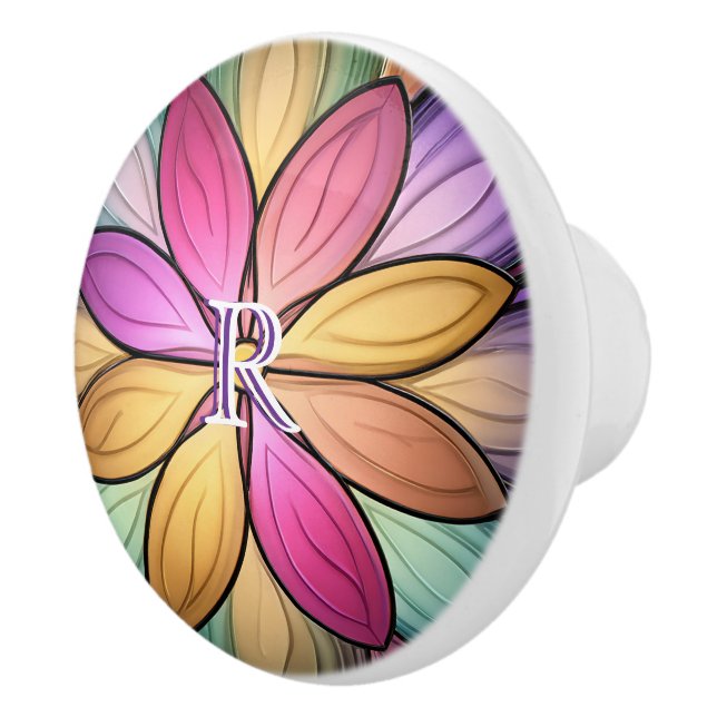 Bouton De Porte En Céramique Monogramme Initial Floral Élégant en Verre Cathédr (Droite)