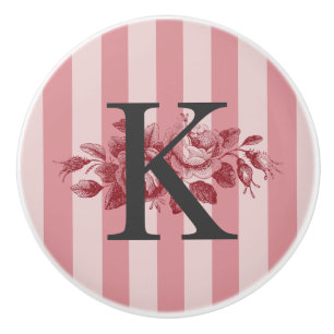 Bouton De Porte En Céramique Monogramme personnalisable Pink Stripes Roses de c