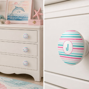 Bouton De Porte En Céramique Monogramme personnalisé rayures pastel
