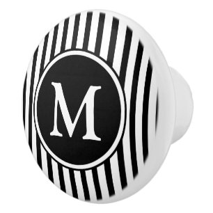 Bouton De Porte En Céramique Monogramme rayures noires et blanches