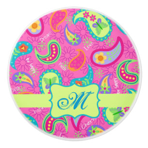 Bouton De Porte En Céramique Monogramme rose chaud moderne Paisley Personnalisé