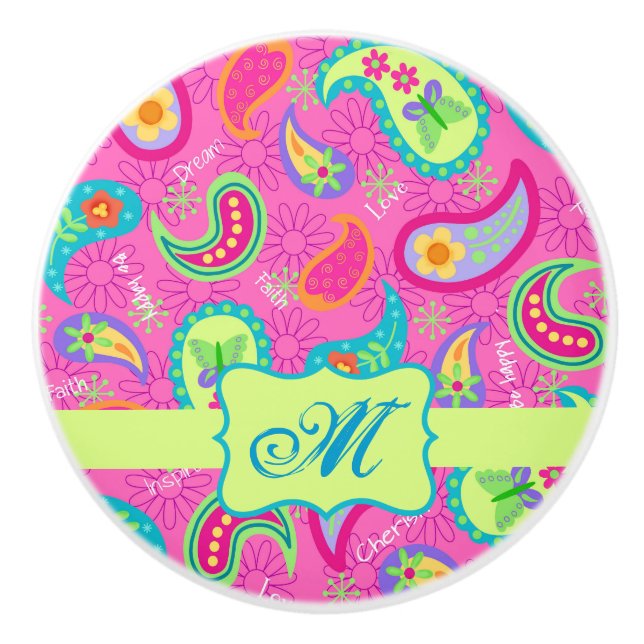 Bouton De Porte En Céramique Monogramme rose chaud moderne Paisley Personnalisé (Devant)