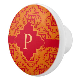 Bouton De Porte En Céramique Monogramme rouge orange Arabesque Marocain