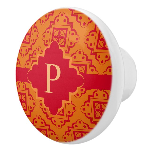Bouton De Porte En Céramique Monogramme rouge orange Arabesque Marocain (Droite)