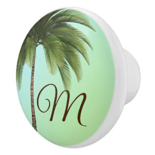 Bouton De Porte En Céramique Monogramme Tropical Palm Élégant Vert Élégant