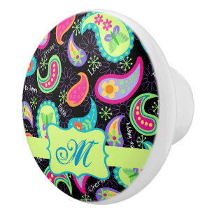 Bouton De Porte En Céramique Monogramme vert citron noir personnalisé Paisley