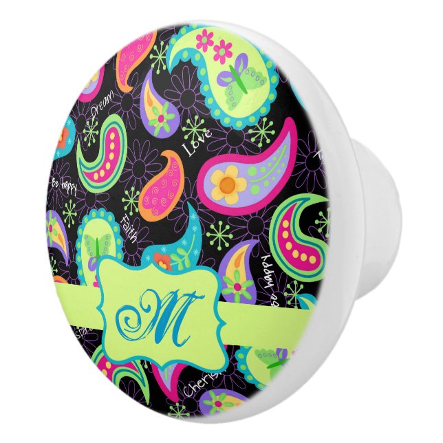 Bouton De Porte En Céramique Monogramme vert citron noir personnalisé Paisley (Droite)