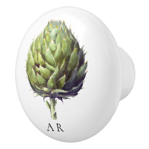 Bouton De Porte En Céramique Monogramme vert vintage style Artichot fleur