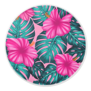 Bouton De Porte En Céramique Monstera feuilles et Hibiscus Turquoise et rose su
