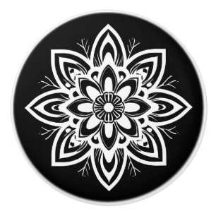 Bouton De Porte En Céramique Motif à fleurs Mandala en noir et blanc
