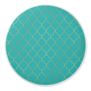 Bouton De Porte En Céramique Motif à quatre feuilles en sarcelle et or