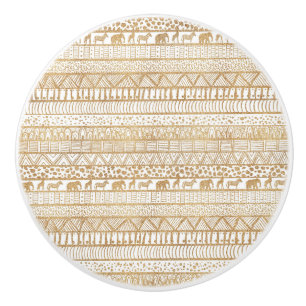 Bouton De Porte En Céramique Motif africain tribal branché White & Gold