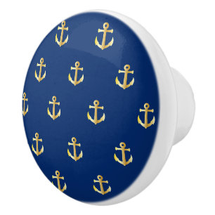 Bouton De Porte En Céramique Motif Ancre Jaune Chic Gold sur bleu marine foncé