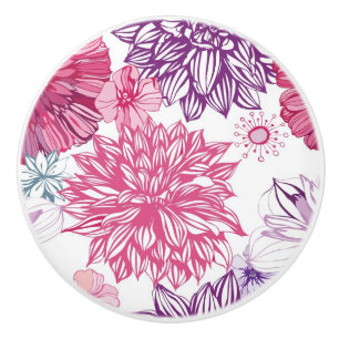Bouton De Porte En Céramique Motif avec les asters et le dahlia roses