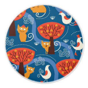 Bouton De Porte En Céramique motif avec les chats et les oiseaux mignons