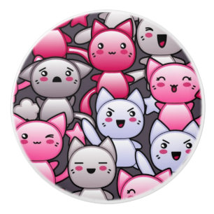 Bouton De Porte En Céramique motif avec les chats mignons 2 de griffonnage de