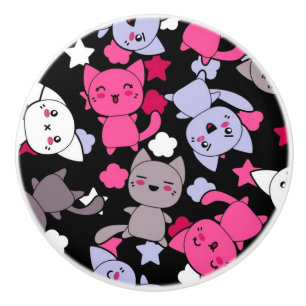 Bouton De Porte En Céramique motif avec les chats mignons 3 de griffonnage de