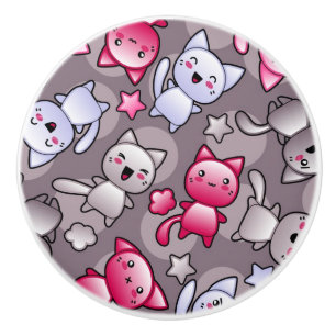 Bouton De Porte En Céramique motif avec les chats mignons de griffonnage de