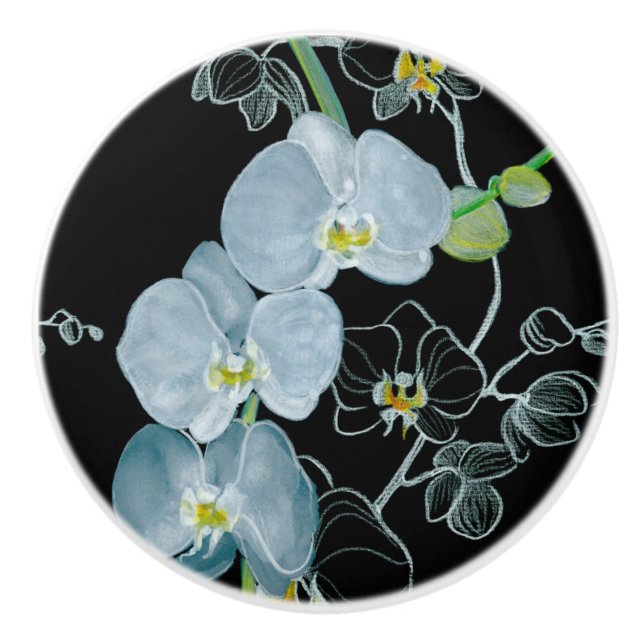 Bouton De Porte En Céramique Motif blanc d'orchidées d'aquarelle (Devant)