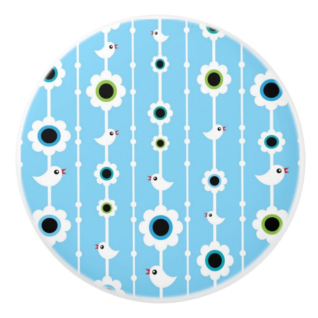 Bouton De Porte En Céramique motif bleu d'oiseau et de fleurs (Devant)