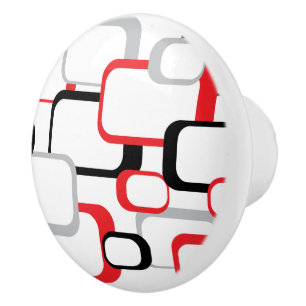 Bouton De Porte En Céramique Motif Carré rouge gris noir blanc rétro